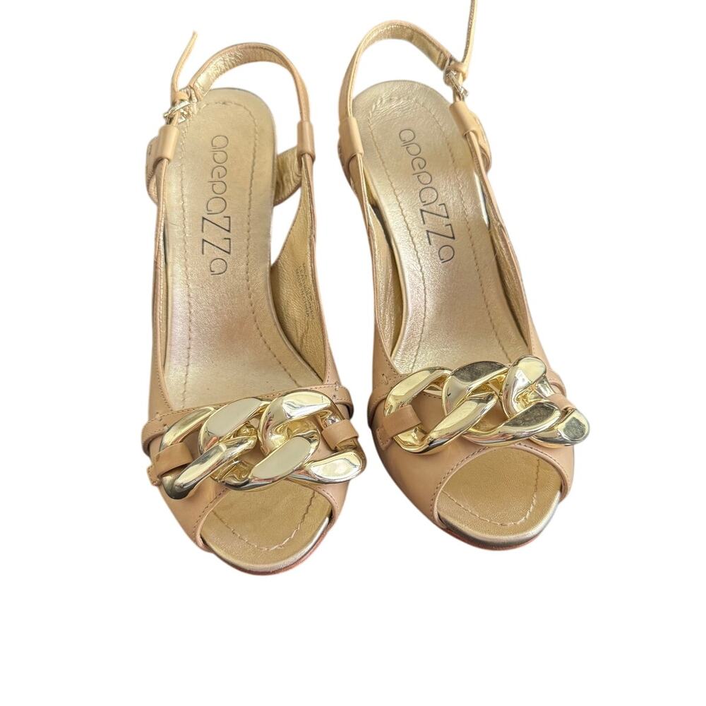 Apepazza Vero Cuoio Mila Gold And Tan Heeled Wedge Shoes 7.5 Large Chain Accent‎